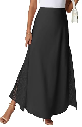 GRECERELLE Jupes Maxi d'Été en Satin pour Femmes UK Taille Haute Jupes Longues en Soie Fluides Ligne A Fermeture Éclair Jupe Femmes pour Fête Mariage Vacances, Noir , XL
