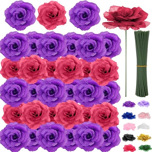 LELEE 108pcs Roses Head Flowers with Stem, Purple & Red Artificial Cemetery Flowers Rose Bulk, Violet Silk Rose for Flower Arrangements Spring Gravesite Funeral Bouquets Memorial Grave Decor