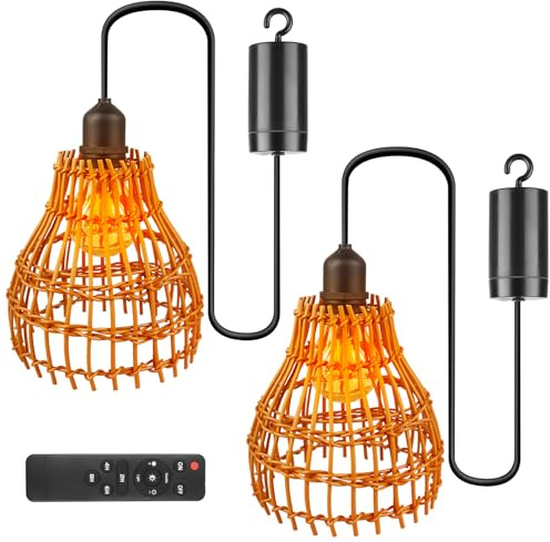 GBKDQQ 2 Stück Rattan Hängelampe mit Fernbedienung, Hängeleuchte Boho Batteriebetriebene, Tragbare Lampenschirm Pendelleuchte für Garten, Balkon, Schlafzimmer