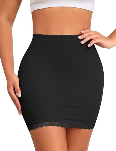 Werkiss Women's Half Slips for Under Dress Lace Mini Skirt Soft Underskirt Elastic Waist Slip Under Skirts(Black, XS)