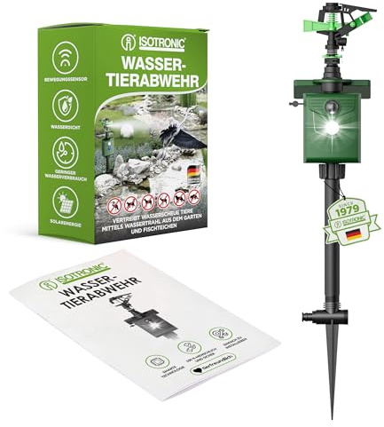 ISOTRONIC® Wasserstrahl Plus Licht Tiervertreiber Solar | Solarbetriebene Hunde-Katzen-Abwehr | Vogel-Reiher-Schreck für Garten | Bewegungsmelder I Reichweite einstellbar I Wildtierabwehr (1)