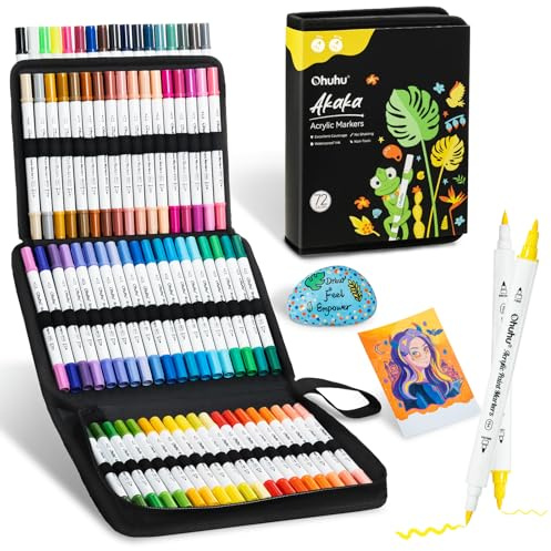 Ohuhu Acrylstifte, 72 Farben Acrylic Marker mit zwei Spitzen (Pinsel und Feine) - Wasserfest, Lichtechte, hoher Deckkraft Acrylstifte Set für Steine Bemalen, Ostereier, Holz, Glas, Keramik, Leinwand