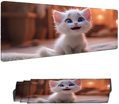 Mousepad Weiß Mauspad XXL 700 x 400 mm Verlängertes Schreibtischauflage mit Rutschfester Gummibasis, mit Nähten an den Rändern Wassxerdicht Anti-Rutsch Gaming Mauspad Katze, Desk Deko Zubehör H-2253