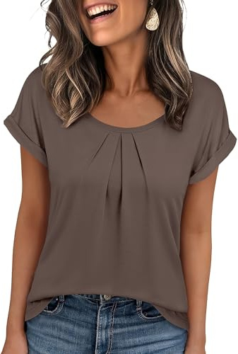 ANRABESS Women's T Shirts, Pleated & Short Sleeve, Summer Tops, Business Casual Dressy Blouses, 2026 Cute Fashion Clothes Light Brown X-Large