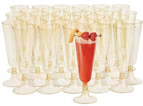 MATANA 100 Premium Elegant Plastic Champagne Flutes with Gold Glitter, 150ml - Reusable Toasting Glasses, Cocktail Prosecco Glasses for Weddings, Birthdays, Christmas, BBQ, Parties