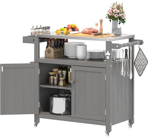 AeasyG Wetterfeste HIPS Outdoor Kücheninsel mit Edelstahlplatte & Aufbewahrungsschrank, bewegliche Vorbereitungstisch mit Rädern für BBQ-Zubereitung, Outdoor Grillwagen für Parties, Dunkelgrau