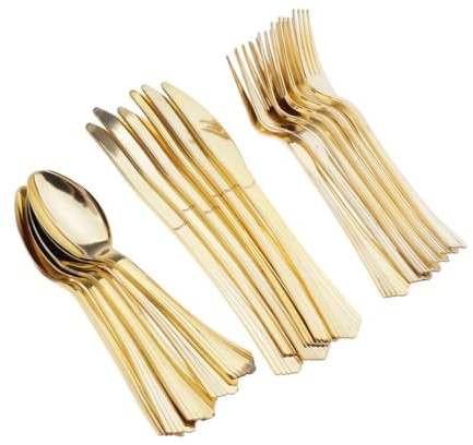 30 Stück wiederverwendbares Gold Plastikbesteck Plastik Besteck Set Gabeln Messer Löffel PartyGeschirr Set Mehrweg Kunststoffbesteck für Haus Dekoration Hochzeit Weihnachten Geburtstag Party