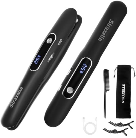 Mini Cordless Hair Straighteners and Curler,5000mAh Rechargeable Travel Straighteners Cordless with LED Display,2 in 1 Portable Flat Iron Hair Straightener 3 Temp Levels for Fine to Thick Hair(Black)