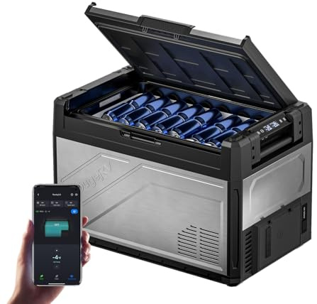BougeRV Rocky V3.0 Dual Zonen Kompressor Kühlbox 52L, -20℃~20℃ | Auto Kühlbox 12V/24V 230V mit Gefrierfach APP-Steuerung Metallgehäuse IPX4 Auto Kühlschrank für Camping Reisen Boot Angeln