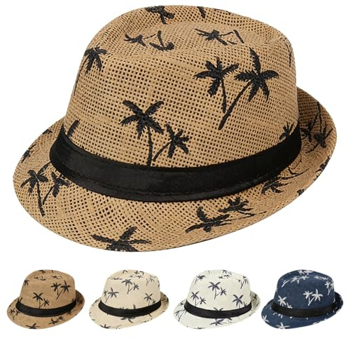 AUNGCSHE Sombrero de paja Panamá Verano, Sombrero de Paja Fedora Trilby con Estampado de Palmera, de Ala Corta, Trilby, Panamá, Protección Solar para el Verano para Hombres y Mujeres (Marrón)