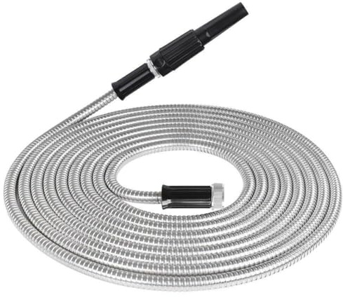 Homeponnew Manguera de jardín de acero inoxidable, manguera de agua ligera y flexible de 25 pies con núcleo de acero inoxidable 304, resistencia a la explosión de 500 PSI, resistente a las torceduras