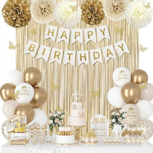 Birthday Decorations Set 56 PCS Champagne Gold & Beige Birthday Balloon Kit with Happy Birthday Banner, 20 Nude Sand White Balloons, 6 Pom Poms, 2 Gold Fringe Curtains, Butterflies for Women, Girls