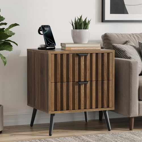 Hmluxury Mesita de noche moderna con 2 cajones, cómoda para dormitorio, salón y pasillo, color nogal, 45 x 40 x 53 cm