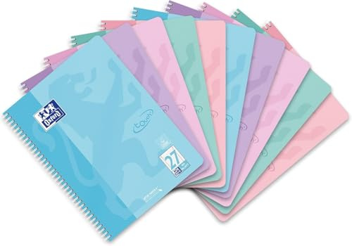 Oxford Touch Collegebblock A4 con doble margen, 80 hojas (lila pastel, azul pastel, rosa pastel, verde pastel, coral pastel, 10 unidades, rayas)