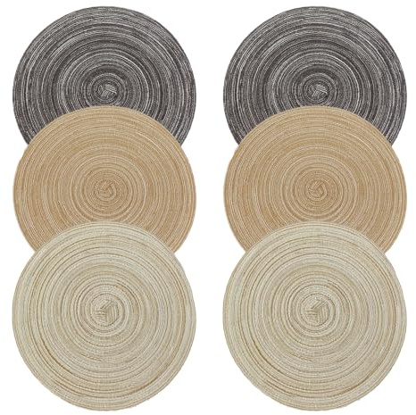 lomdung 6 Pezzi Tovagliette Rotonde Intrecciate, 30cm Tovagliette Rotonde Lavabili, Tovaglietta in Stile Vintage per Tavolo, Resistente al Calore, per Partito, Tavoli (Caffè, Grigio, Beige)