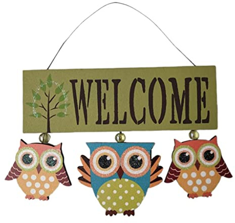 Ysyqkn Welcome in Legno Naturale da Appendere Insegna Decorativa Porta E Parete Placca Gufo Colorato Cartello Benvenuto per Ingresso Adatta per Casa, Verde