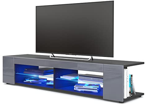 Vladon Lowboard Movie, TV-Kommode mit 4 offenen Fächern und Zierleisten, Schwarz matt/Grau Hochglanz, inkl. LED-Beleuchtung blau (134 x 29 x 39 cm)