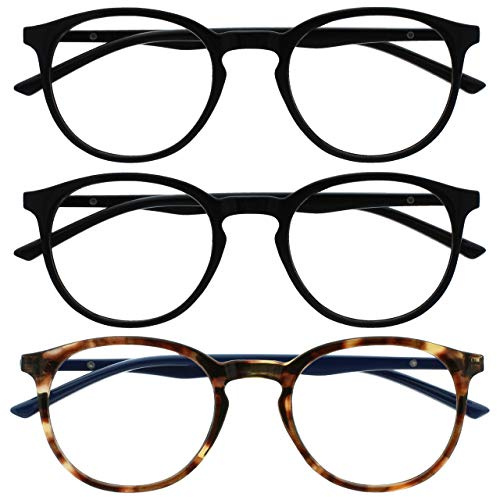 OPULIZE MET Blaulichtfilter Lesebrille für Damen Herren - 3er-Pack - Runder Brille - Blendfreie UV400-Schutz - Federscharniere - Anti-Müdigkeit - Schwarz Braun Schildpatt +1.00