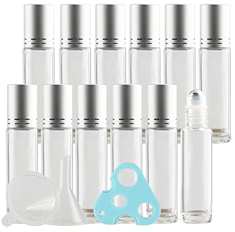 TIANZD 12 Stück Leere 10ml Transparent Glas Roller Flaschen mit Silber Alu Schraubverschluss, Roll-On Glasflaschen mit Glasroller für Ätherische Öle Essential Oil mit Trichter Öffner