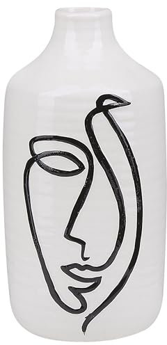 Blumenvase aus Steinzeug weiß mit aufgedrucktem Gesicht schwarz Dekoration Aenus