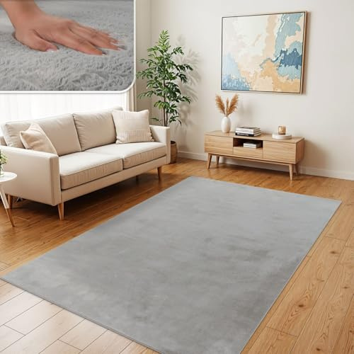 TT Home Wohnzimmer Teppich Hochflor Langflor Kunstfell Weich Modern Unifarben Flauschig, Farbe: Grau, Größe:120x170 cm