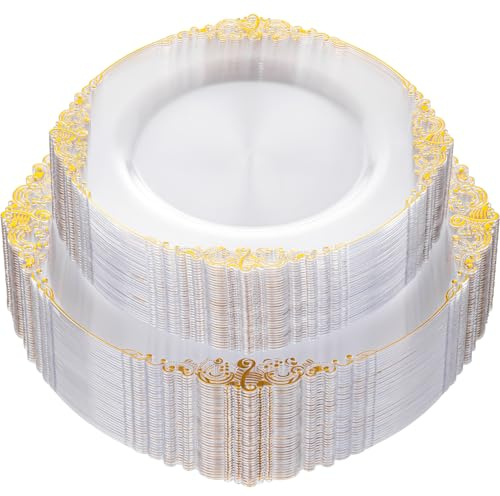 Nervure 100Pcs Clear and Gold Plastic Plates - Heavyweight Gold Disposable Plates - Plastic Plates Include 50Pcs 10.25inch Dinner Plate & 50Pcs 7.5inch Dessert Plate for Wedding & Party
