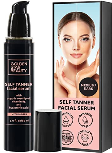 Face Tanner – Self Tan Serum w/Hyaluronic Acid, US Made with Certified Organic Ingredients, Streak-Free, No Orange, Natural Glow, Sensitive Skin Safe, Sunless Facial Tanner, Medium to Dark, 2.0 fl oz