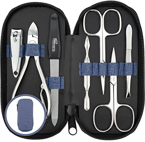Tagliaunghie Set Professionale, Kit da 7 Pezzi Made in Germany. Include Forbicine, Tronchesina robusta, strumenti di qualità ed Etui in Pelle Sintetica look Denim. Perfetto per viaggi e cura personale