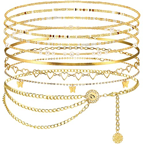 JenPen 8 Pcs Belly Chain Adjustable Waist Chain Summer Beach Bikini Waist Body Beads for Women Adults Multilayer(Charming Style)