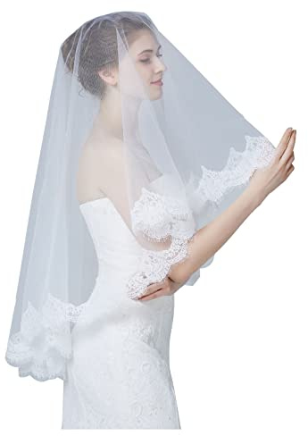 BEAUTELICATE Schleier Lang Brautschleier Mantilla Wimpern Spitzenborte für Braut Hochzeit Rohes Weiß Elfenbein Walzer Kathedralen 1 Schicht, Elfenbein - Kathedralenlänge