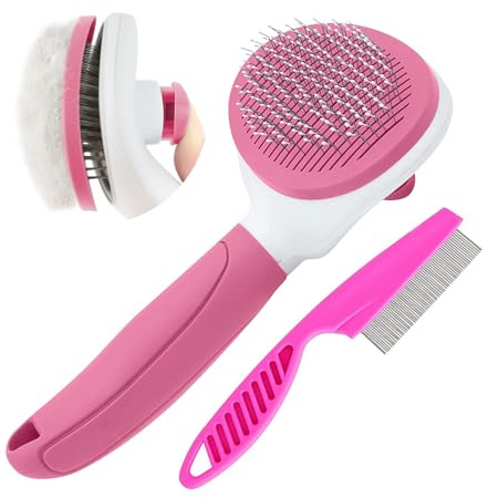 Cat Brushes for Indoor Cats, Dog Brush for Shedding with Metal Cat Comb, Self Cleaning Pet Hair Brush with Release Button for Grooming Kitten(Pink)
