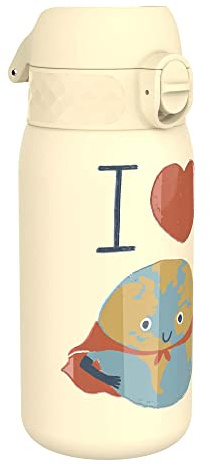 ION8 Isolierte Edelstahl-Trinkflasche, 320 ml, Auslaufsicher, Einhandöffnung, Sichere Verriegelung, Spülmaschinenfest, Klappdeckel, Tragegriff, Leicht zu Reinigen, Langlebig, Liebe Erde-Design