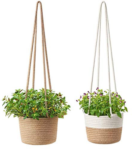 Blumentöpfe Hängende,Blumentopf Geflochten, Hängender Blumentopf,Seegras Pflanzentopf,Natürliche Baumwolle Handgewebt Blumenampel Pflanzenaufhänger mit Langem Hängendem Seil(Sortierte Farbe)