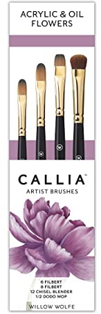 Willow Wolfe CALLIA™ Series 1500 Acrylic & Oil Flowers Brush Set – 4-Piece Vegan Synthetic Mixed-Media Set (6 Filbert, 8 Filbert, 12 Chisel Blender, ½″ Dodo Mop)