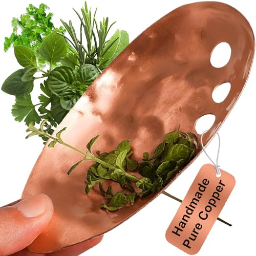 Handgjord kopparörtborttagare – skalverktyg med 7 hålstorlekar – strimla och fånga örter och gröna grönsaker – 14 x 8,9 cm, örtskärningsverktyg, skål