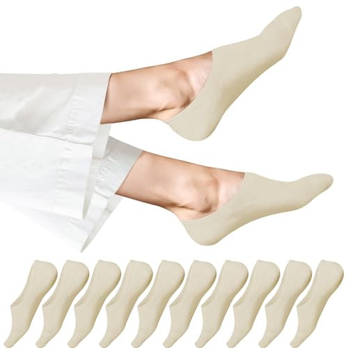 EKSHER Sneaker Socken Damen 35-38 Füßlinge Damen 10 Paar Unsichtbare No Show Ballerina Sportsocken Baumwoll Kurze Halbsocken Silikonpad Rutschfest Atmungsaktive Beige