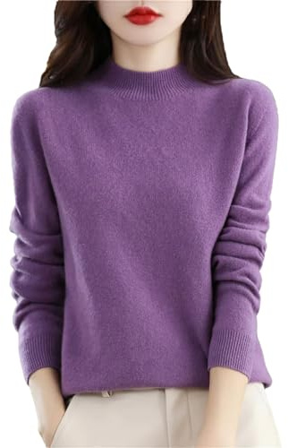 Frühling 100% Merinowolle Pullover Damen Strickpullover Kaschmir Pullover Rollkragen Langarm Pullover Tops, violett, XX-Large
