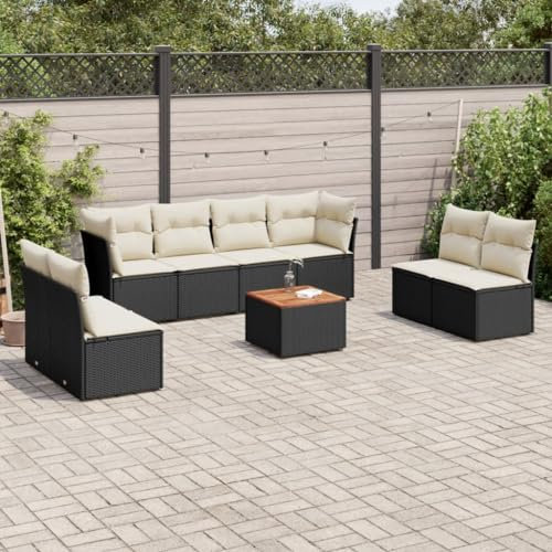 ULUYYUC 9-TLG. Garten-Sofagarnitur, Polsterbank Eckbankgruppe Gartenstühle Gartenbank Geeignet für Hinterhof Balkon Außenbereich Garten mit Kissen Schwarz Poly Rattan