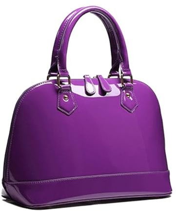 Kuppeltasche aus Lackleder, mit Reißverschluss, mehrere Taschen, glänzend, großer Griff oben, Violett