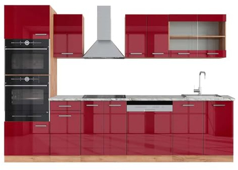 Vicco Küchenzeile R-Line, Rot Hochglanz/Goldkraft Eiche, 300 cm mit Hochschrank, AP Marmor, zur individuellen Erweiterung durch kompatible Zusatzmodule
