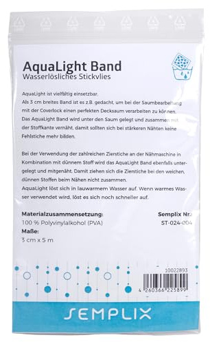 Semplix AquaLight Band 3 cm x 5 m, wasserlösliches Stickvlies, auswaschbares PVA-Stickvlies
