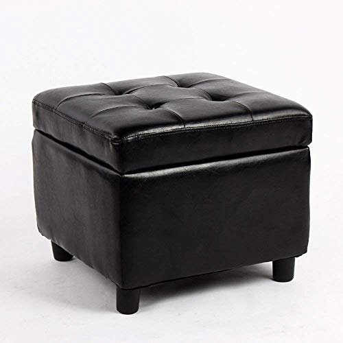 Quadratischer Ottoman mit Stauraum, gepolsterter Fußhocker aus Leder, Kleiner Fußhocker mit Stauraum und Holzbeinen, Wechselfußstütze für Schlafzimmer und Wohnzimmer-Schwarz