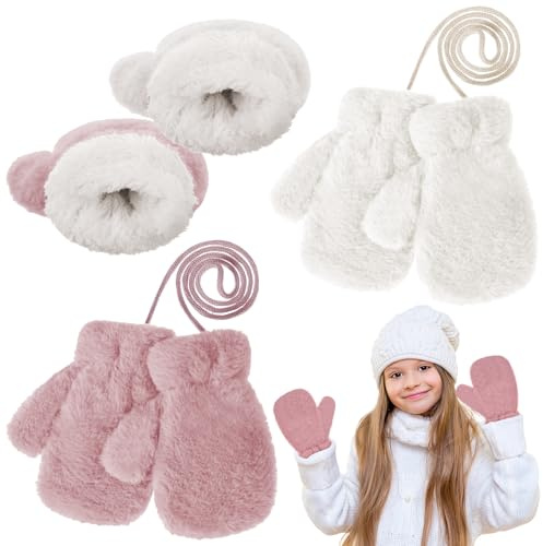 Yimomoyi 2 Pairs Kids Gloves, Mittens with String, Winter Warm Full Finger Mittens Toddler Mittens Thicken Thermal Plush Lining Gloves Hanging Neck Mittens for 3-7Years Boys and Girls(White+Pink)