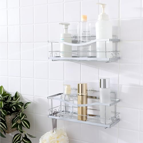 KINCMAX Iron Shower Caddies - Self Adhesive Bathroom Shelves for Showers - Wall Organiser Shampoo Holder Shelf - Peel and Stick On Caddy Bath Tub Rack - Pack of 2 Holders - Silver