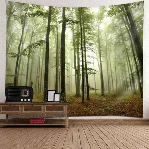 Lirzxin Wandbehang Wald Natur, Wandtücher Grün Braun Wald Nebel Landschaft Tapestry Wandbehang Wandteppich Strandtuch Dekotuch, 150x150CM