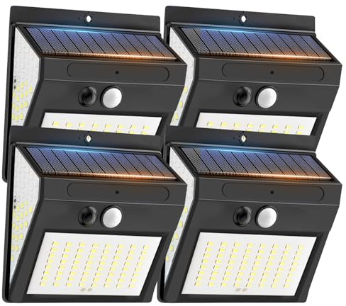Fosingut Luz Solar Exterior 4 Paquete,144 LEDs Lampara Solar Exterior con Sensor de Movimiento/3 Modos/270°/IP65 Impermeable Focos Led Solares para Garaje,Camino,Jardin,Patio,Puertas,Césped