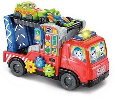 VTech Road Rescue Car Carrier, Interactive Car Carrier Truck, Includes 2 Cars, 55+ Sound Effects, Motor Skills Development, Suitable for Ages 12, 18, 24 Months, English Version