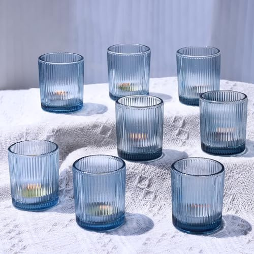Vohocandle Portacandele in vetro blu a costine Set di 12 portacandele in vetro blu per decorazioni da tavolo, contenitore per candela scaldavivande per matrimoni, feste (5,5 cm L x 6,5 cm H)