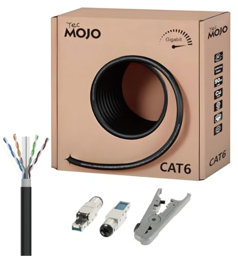 Tecmojo CAT6 UTP Outdoor 50M, Gigabit LAN Ethernet Network Bulk Cable Pure Copper Conductor 23AWG PVC+PE Dual Jacket CPR Fca UV Resist, Black, with Cutting Stripping Tool and RJ45 Field Connectors