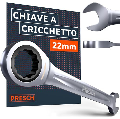 PRESCH Clé à cliquet 22mm - Angle de reprise minimal (3°, 120 dents) – Déport de 15° pour les zones étroites – Clé plate à cliquet robuste usinée avec précision